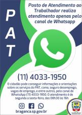 Posto de Atendimento ao Trabalhador (PAT) realiza atendimento apenas pelo canal de Whatsapp