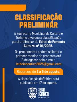 Secretaria de Cultura divulga classificação geral do Edital de Fomento Cultural nº 01/2025