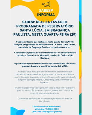 Sabesp realiza lavagem programada de reservatório Santa Lúcia, em Bragança Paulista, nesta quarta-feira (29)