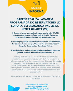 Sabesp realiza lavagem programada do reservatório Jardim Europa, em Bragança Paulista, nesta quarta (29)
