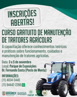 Inscrições abertas para o curso de Manutenção de Tratores Agrícolas em Bragança Paulista