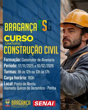 Prefeitura de Bragança Paulista e SENAI abrem inscrições para curso gratuito de Construção Civil voltado à formação de Construtor de Alvenaria
