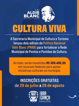 Bragança Paulista lança dois editais da Política Nacional Aldir Blanc para fortalecer a Cultura Viva no município