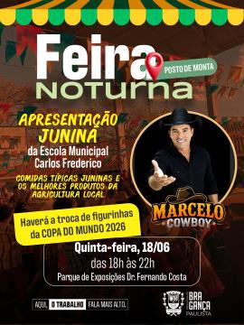 Feira Noturna terá show de Marcelo Cowboy e participação da Escola Municipal Carlos Frederico nesta quinta-feira