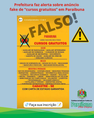 Prefeitura faz alerta sobre anúncio fake de “cursos gratuitos” em Paraibuna..
