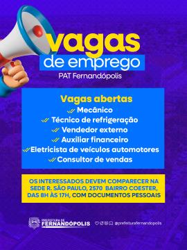 PAT anuncia novas vagas em Fernandópolis