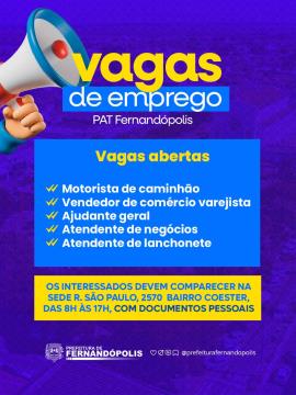 PAT divulga novas vagas de emprego em Fernandópolis
