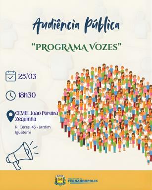 Próxima audiência pública do Programa Vozes acontece nesta quarta-feira, 25