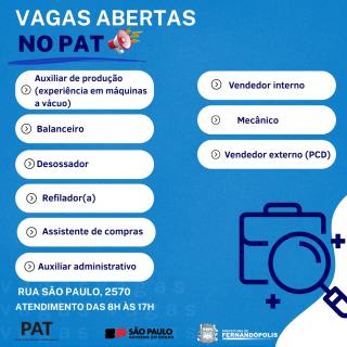 PAT de Fernandópolis divulga novas oportunidades de emprego