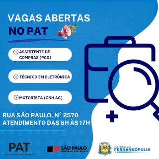 Oportunidades de emprego: PAT de Fernandópolis divulga novas vagas