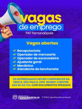 PAT de Fernandópolis oferece novas vagas de emprego