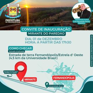 Fernandópolis inaugura ‘Mirante do Paredão’ nesta sexta-feira, 01