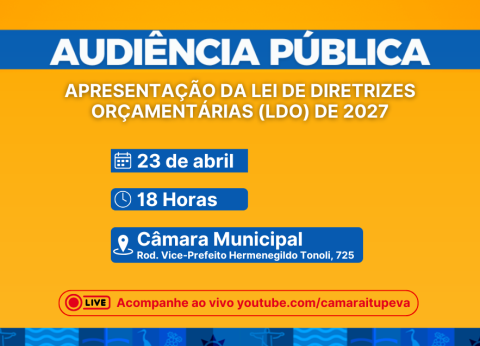 Prefeitura realiza Audiência Pública sobre a LDO 2027 no dia 23 de abril
